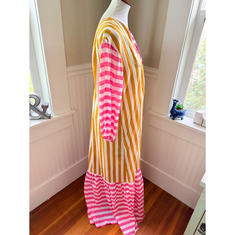 NWT Sunshine Tienda Copa Dress Mustard Pink Striped Cotton Maxi M/L - Picture 12 of 14